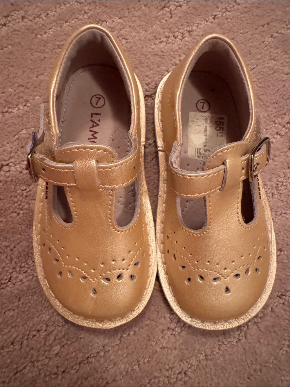 L'Amour Girls' Tan T-Strap Decorative Mary Janes